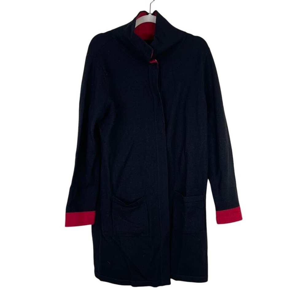 Chicos Womens 100% Wool Snap Front‎ Long Line Coat Black Minimalist Size 2 Large